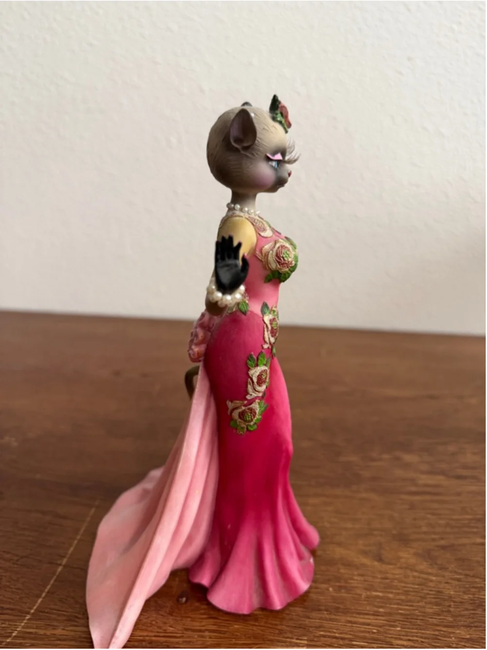 M Le Van Cat Lady Figurine Pink Dress Glam Cat Statue Anthropomorphic Vintage St